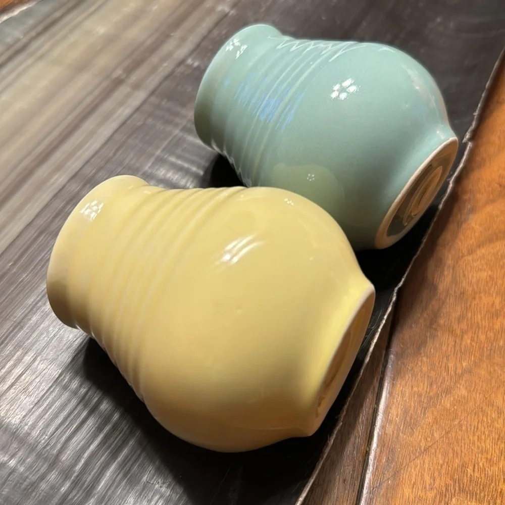 Vintage Mid Century S&P Ceramic Art Pottery Sea Foam Green & Yellow Shakers